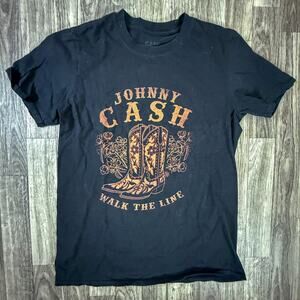 Johnny Cash Walk The Line Black Graphic Tee Boots Flowers Music Shirt M